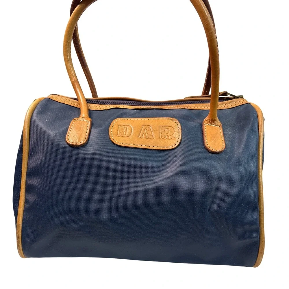 Jon Hart Navy Blue Nylon Barrel Bag Tan Leather Trim‎ Vintage Satchel Handbag